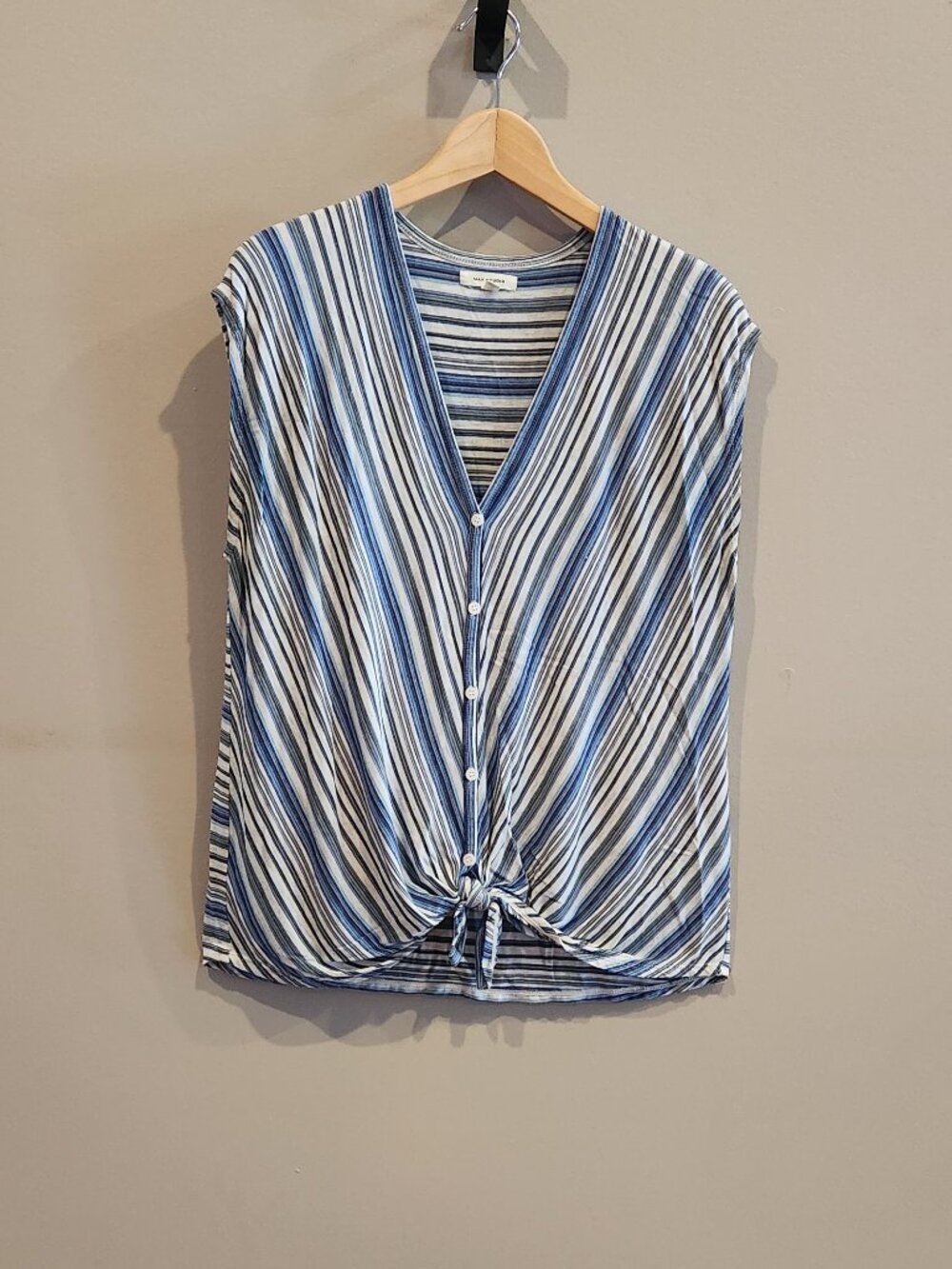 Max Studio Striped V Neck Button Front Tie Hem Top Blue White Small